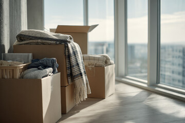 Wide-angle shot of moving boxes in a modern minimalist apartment with natural light, showcasing a cozy atmosphere and organized living space