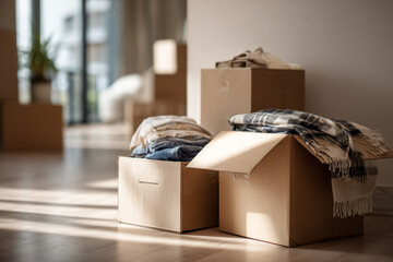 Bright modern apartment interior with stacked cardboard boxes, open showing clothes, sunlight illuminating the space, creating a calm moving day atmosphere