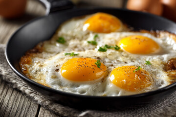 Homemade sunny side up fried eggs in a black frying pan, beautifully lit by natural daylight on a rustic wooden kitchen table