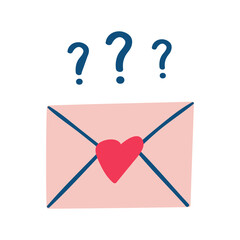 Pink Love Envelope. Minimal vector illustration of pink closed envelope with heart and question marks. Simple romantic mystery design.