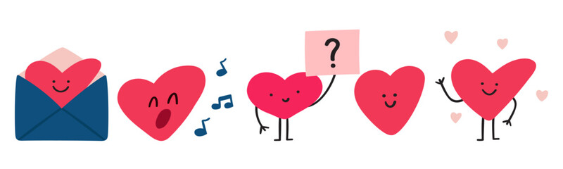 Cute Heart Characters Set. Minimal vector illustration of happy heart personages collection. Simple romantic emoticons and mascots.
