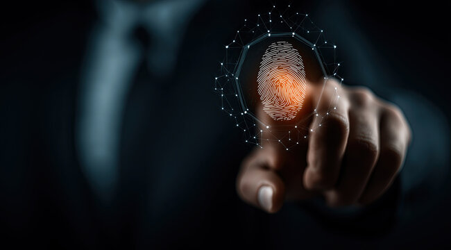Advanced cybersecurity fingerprint biometric system features hexagonal network pattern and authentication.