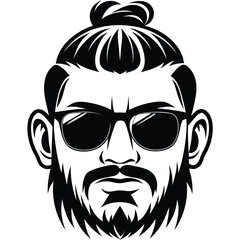 Bearded man with hair bun and sunglasses shows a bold black and white stencil