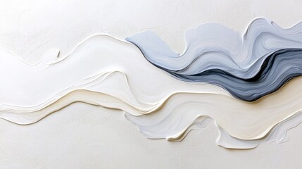 Fototapeta premium A close-up view of textured paint strokes in shades of white, cream, and grey, forming abstract wavy patterns.