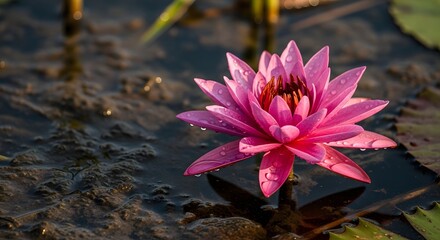 Close-up of a vibrant pink water lily blooming on a calm pond surface with water droplets on petals and green lily pads surrounding it