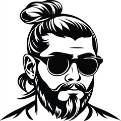 A man with topknot hairstyle, full beard, and mustache is wearing sunglasses in monotone