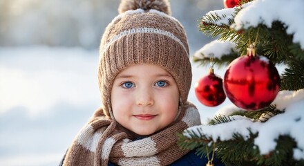 Smiling child decorating Christmas tree with snow in background