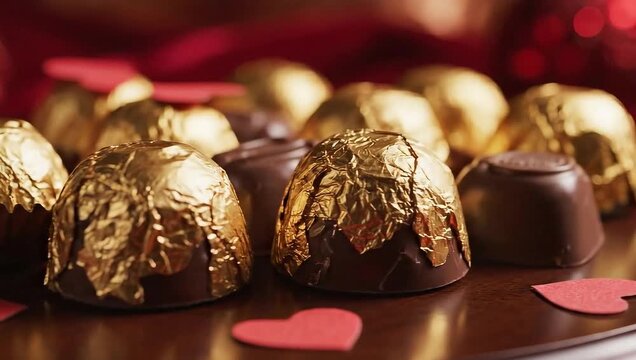 Delicious chocolate candies with golden wrappers and red hearts.