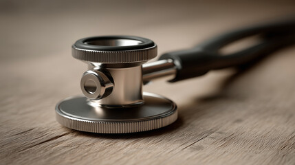 Polished silver medical stethoscope chest piece resting on a wooden desk