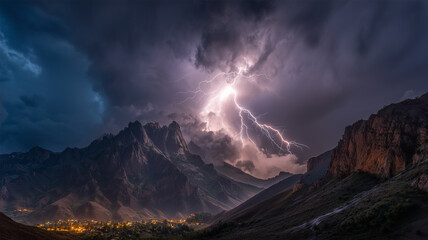 稲妻が夜の山々を照らすダイナミックな光景