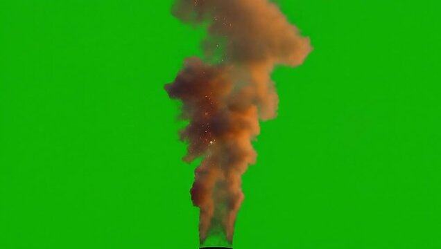 Isolated plume of dense, dark smoke rising on a bright green screen, perfect for compositing industrial emissions, environmental pollution, or intense fire visual effects in media projects