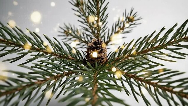Close-up of a pine tree branch with sparkling lights, creating a festive and magical atmosphere.