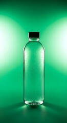 A clear plastic water bottle with a black cap standing upright against a vibrant green background illuminated by soft lighting