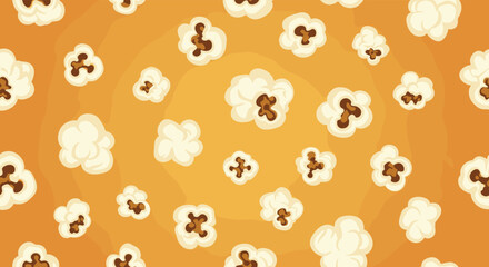 Obraz premium A fun and vibrant seamless pattern of fluffy white popcorn pieces scattered across a warm golden-orange background, perfect for snack-themed designs.