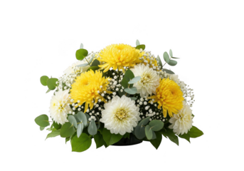 A beautiful floral arrangement featuring yellow and white chrysanthemums, babys breath, and eucalyptus, isolated on transparent background