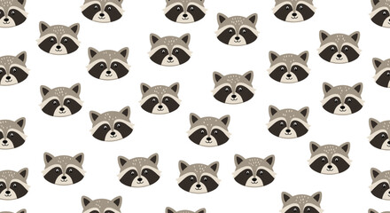 Fototapeta premium Cute cartoon raccoon faces with distinctive dark masks and light grey fur arranged in a seamless, repeating pattern on a clean white background.