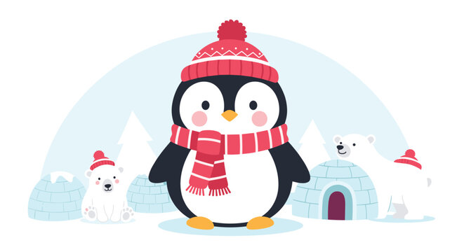 A cute penguin and two polar bears wearing winter hats and scarves stand in a snowy arctic landscape with igloos and pine trees.