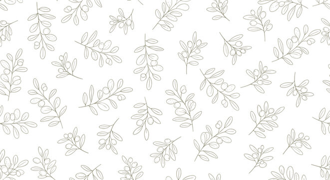 Seamless pattern of hand-drawn olive branches with leaves and berries, featuring a minimalist dashed line outline design on a white background.