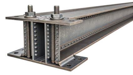 Steel ibeam construction element with bolts and nuts isolated on transparent background
