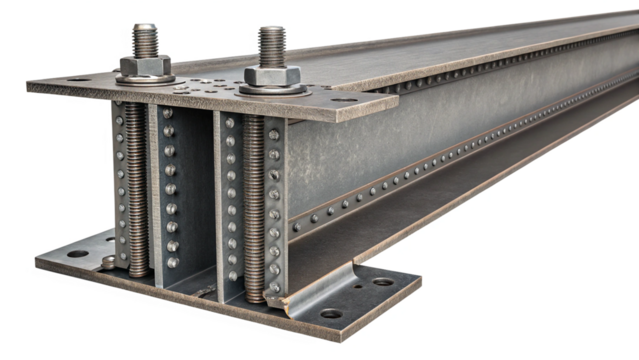 Steel ibeam construction element with bolts and nuts isolated on transparent background