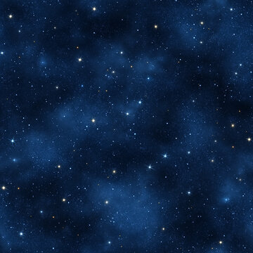 Blue starry background with soft nebulae. Seamless pattern for printing and web design.