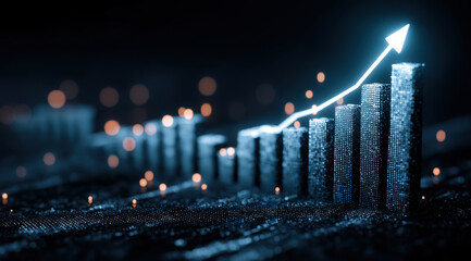 Illuminated financial bar chart displays upward trending growth with glowing blue analytics visualization