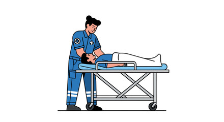 Emergency Medical Technician (EMT) caring for patient on stretcher in medical illustration