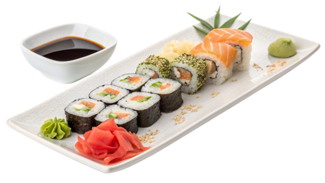 Sushi platter with salmon rolls, maki, wasabi, ginger, and soy sauce isolated on transparent background