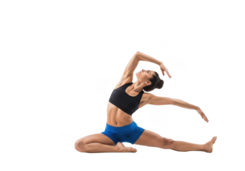 A woman in athletic wear performs a yoga pose, stretching her body in a graceful arc with her arms extended, isolated on transparent background