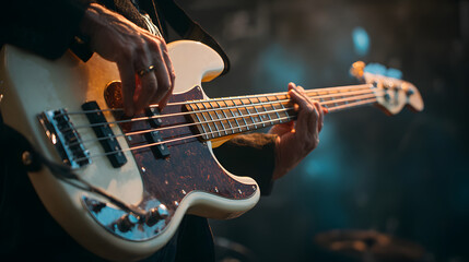 Obraz premium Close-up of a Bass Guitarist Performing Live on Stage