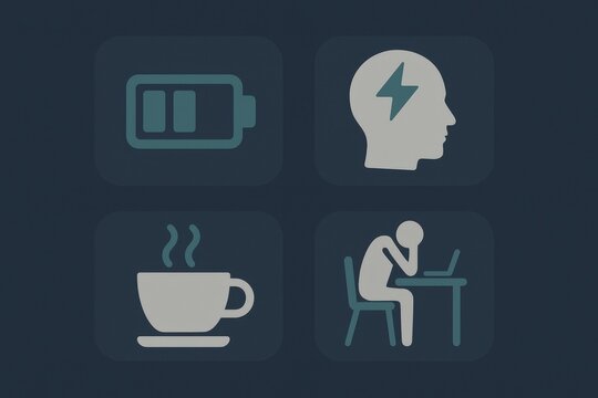 Engaging visual representation of everyday challenges featuring burnout, mental fatigue, coffee as a stimulant, and battery symbolizing energy depletion