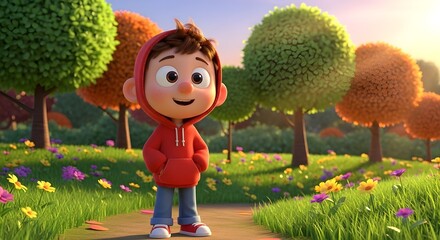 A cheerful animated boy enjoying the autumn scenery on a flower-filled path in a park
