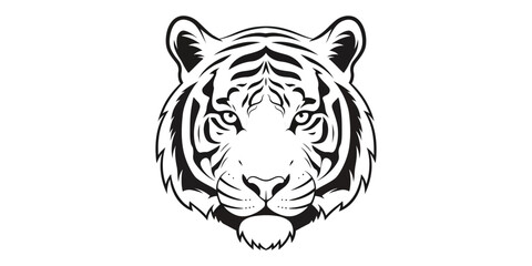 Monochromatic striking tiger head illustration, iconic big cat with intense gaze and bold stripes, perfect for design and branding