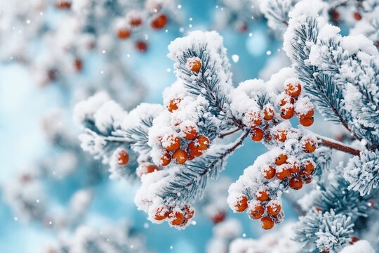 Snow covered red berries on pine branches in winter closeup - Powered by Adobe