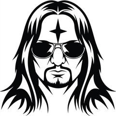 Bearded man with long hair and sunglasses features a forehead star tattoo