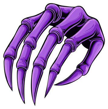 Vibrant purple skeletal monster hand with long sharp claws eerie scary Halloween illustration