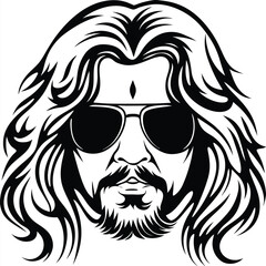 An Asian man's face with long hair, a beard, and aviator sunglasses shines