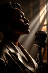 Femme fatale silhouette in a shimmering silk dress, poised beside a vintage microphone, enveloped in dramatic chiaroscuro lighting, creating an atmosphere of tension and allure with copy space
