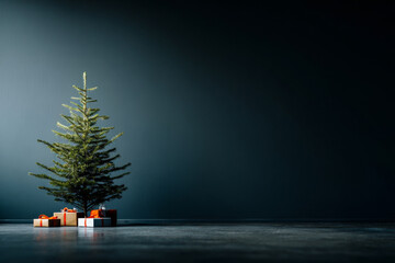 Single Christmas tree adorned with minimal decorations, surrounded by a few colorful gifts beneath, set in a dark room with subtle lighting, creating a modern and tranquil holiday atmosphere