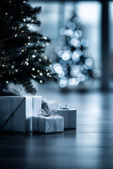 Minimalist Christmas night scene featuring illuminated Christmas tree lights and elegantly wrapped presents, creating a serene atmosphere with high contrast and abstract shapes, perfect for holiday-th