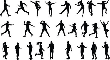 Silhouette, people, dynamic, poses, running, jumping, dancing, motion, action, fitness, exercise, movement, activity, lifestyle, energy, performance, gesture, balance