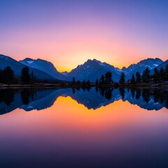 Fototapeta premium Serene mountain landscape at sunset with a calm lake reflecting the colorful sky and rugged peaks in the distance
