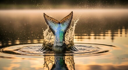 A whale tail emerging from the water during sunset, creating a splash and reflecting the warm colors of the sky on the calm surface