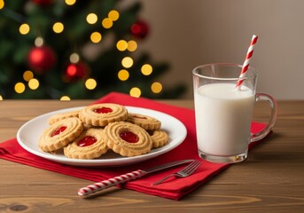 Classic Christmas cookies and milk setup, cozy and festive holiday mood