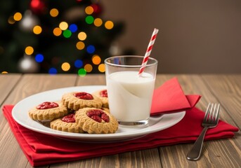 Classic Christmas cookies and milk setup, cozy and festive holiday mood