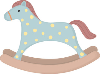 Blue rocking horse with polka dots. Cute illustration of classic toy	