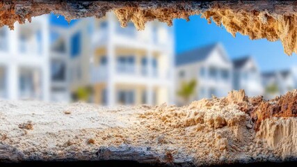 Framed by Nature: A unique perspective frames a row of idyllic houses beneath a cloudless, vibrant sky, showcasing a charming property. 