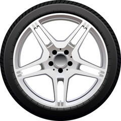Obraz premium Realistic Silver Five Spoke Alloy Wheel With Black Rubber Tire On Transparent Background With Subtle Shading