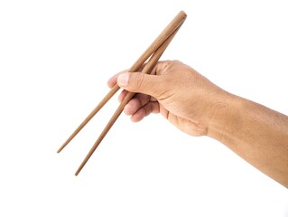 Man hand holding wooden chopsticks isolated on white background 