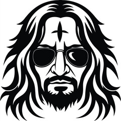 An imposing man's face displays confidence, donning sunglasses and a distinct crossshaped mark